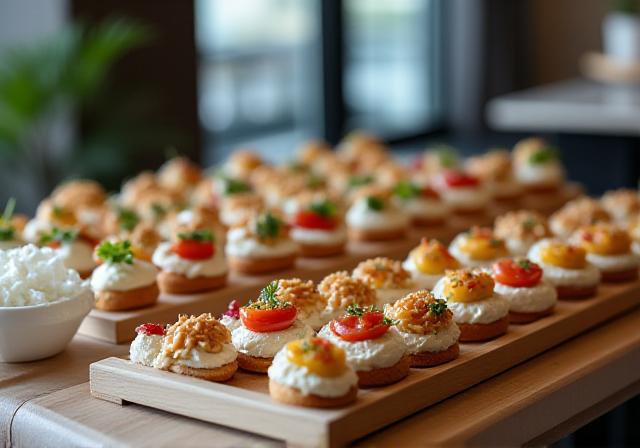 Servicio de catering corporativo con mesa de aperitivos elegante en un entorno profesional
