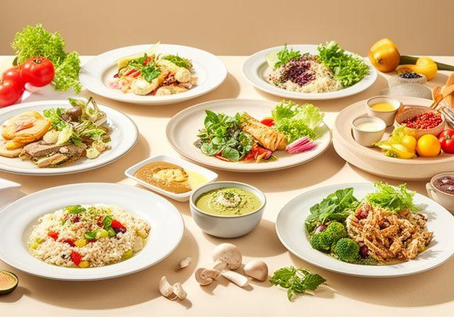 Platos de catering adaptados a opciones dietéticas especiales, frescos y cuidadosamente emplatados