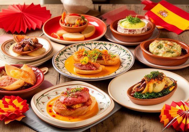 Selección de platos españoles de menú temático con presentación artesanal y colores vibrantes